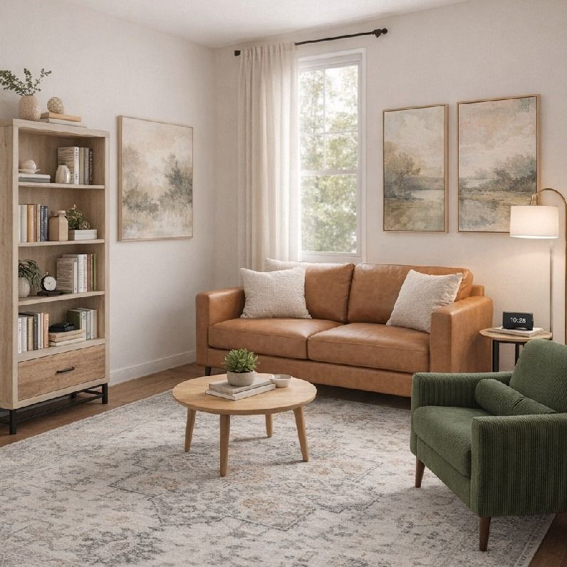 A warm, inviting therapy office with a leather sofa, armchair, and cozy decor in Tulsa, Oklahoma